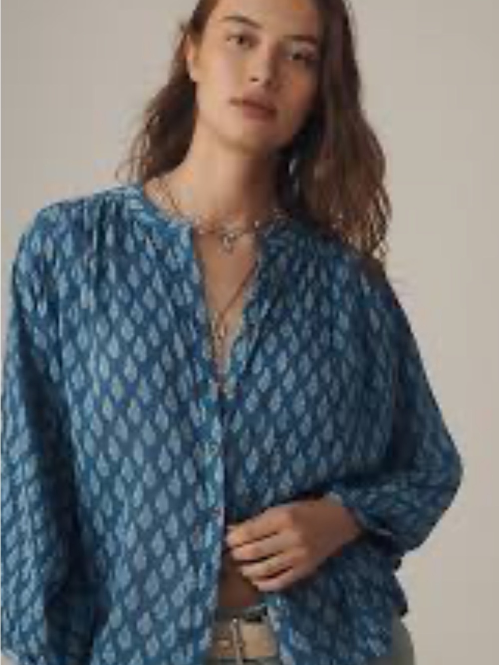Anthropologie Pilcro The Sidney Batwing Blouse XS Blue White Print Button Front - Picture 2 of 9